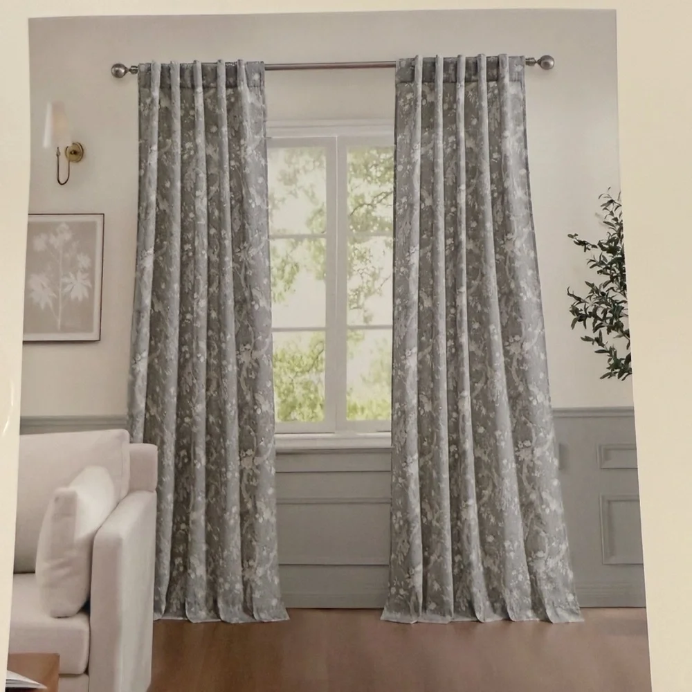 Laura Ashley Peacock Floral Gray Set of 4 Curtain Panels 96” Back Tab NEW